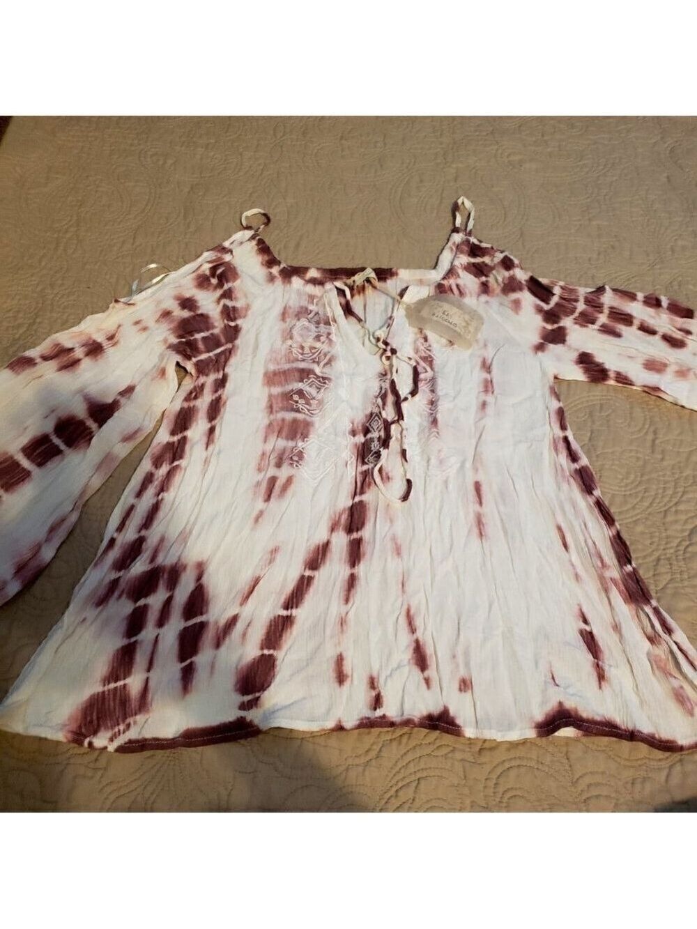HYKU Tie Dye Cold Shoulder Belle Sleeve Top